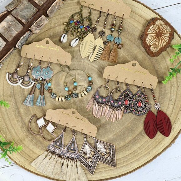 Bohemian 3 Pc Beaded Tassel Drop Earrings Leaves Water Droplets Flowers NEW - Picture 9 of 9